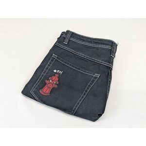 Empyre Black Denim Shorts Mens 32x13 Y2K Loose Skater Fire Hydrant Embroidered